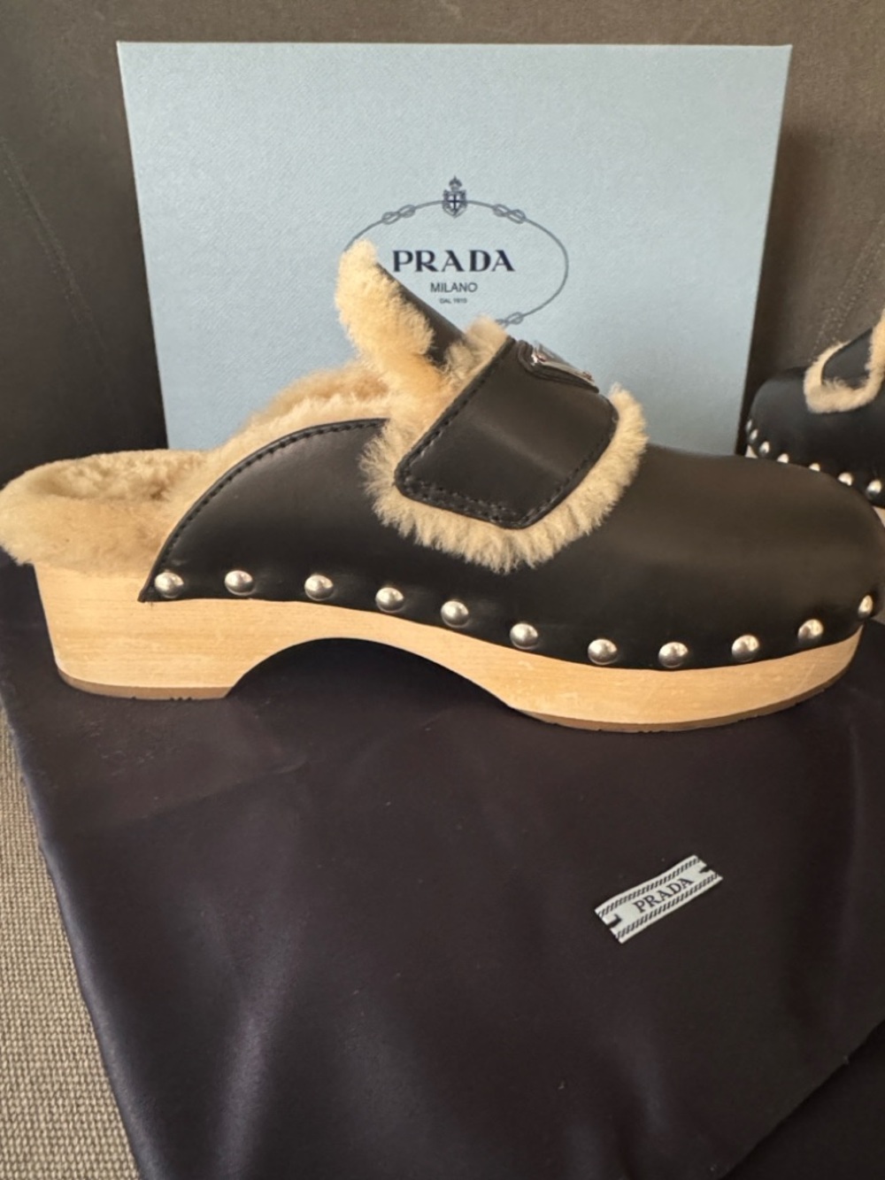 Prada logo Black Leather Stud Shearling Lined Clog, 45mm - Picture 5 of 10